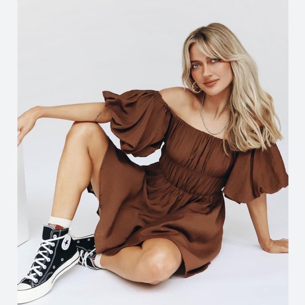 Verge Girl Mini Puff Sleeve Brown Off-Shoulder Dress